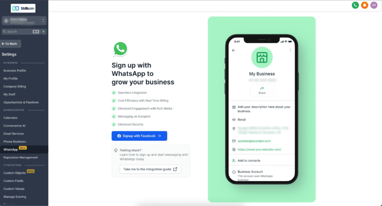Screen showing WhatsApp Business signup promotion