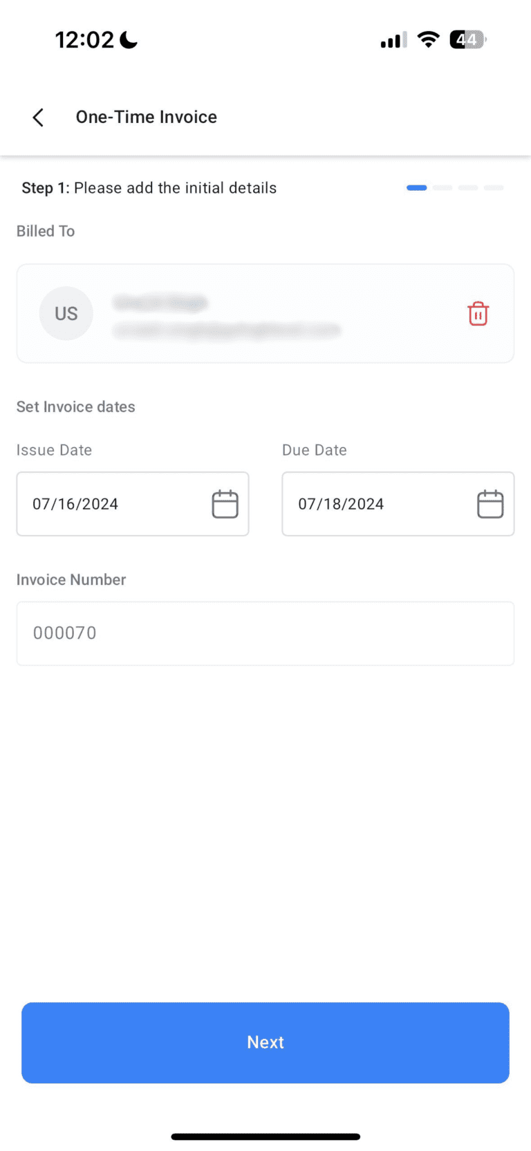 1 Mobile screen displaying one-time invoice creation form