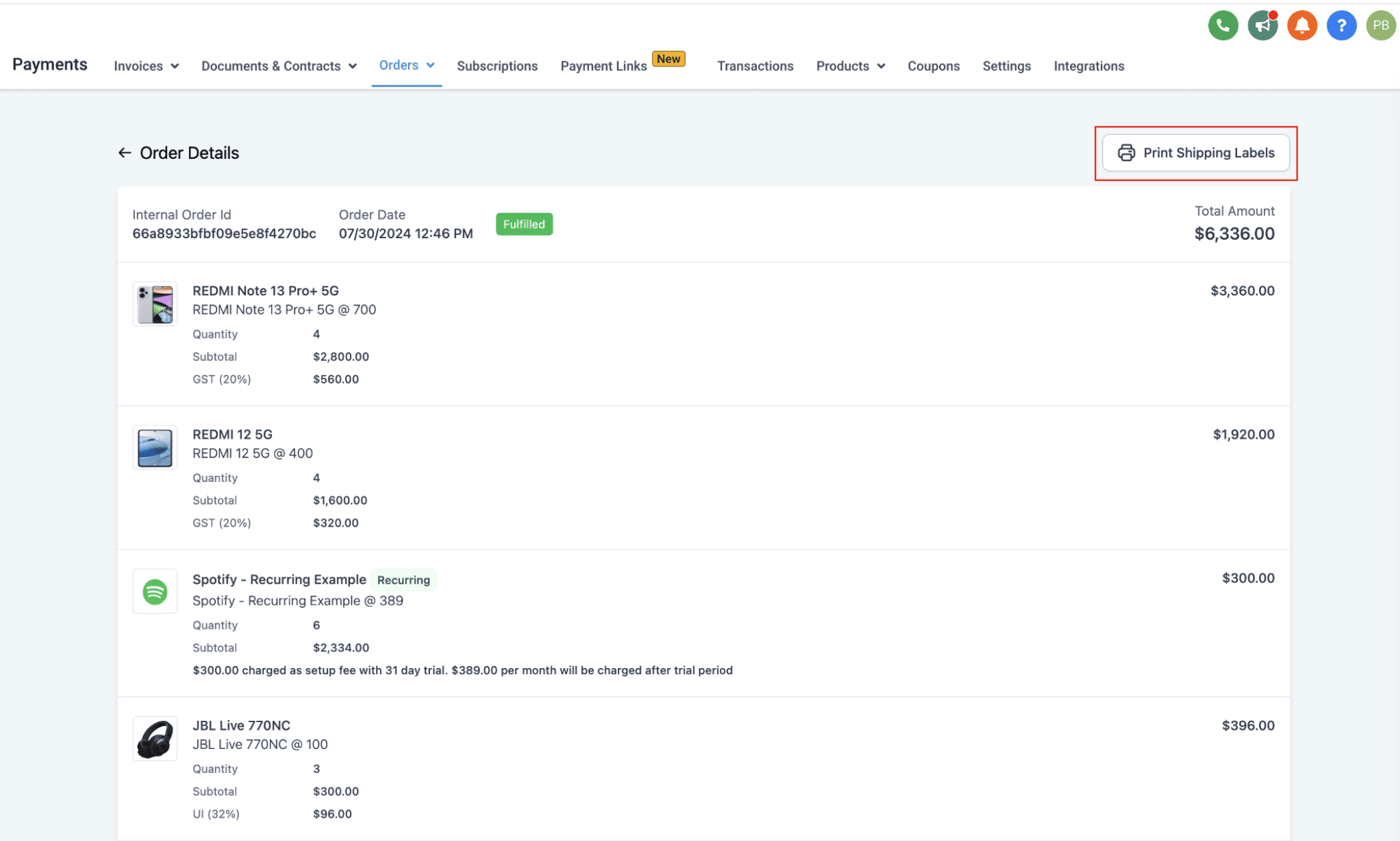 Order Details Page