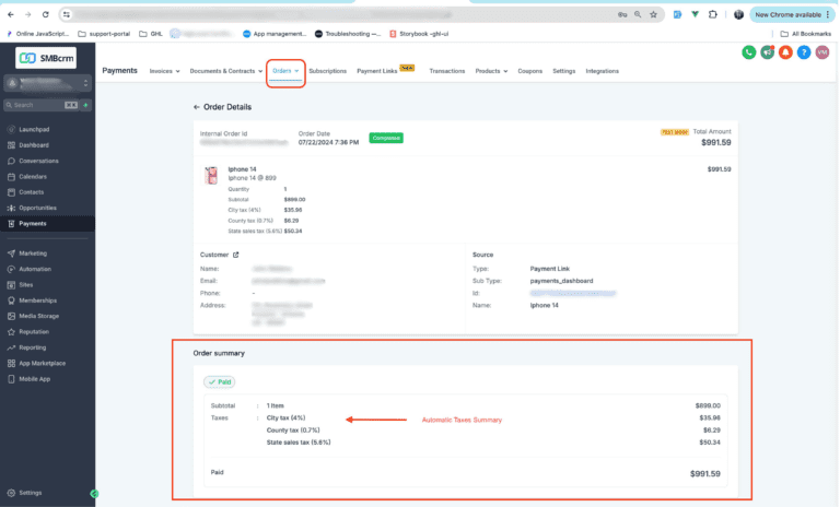 11 Screenshot of CRM platform displaying order details