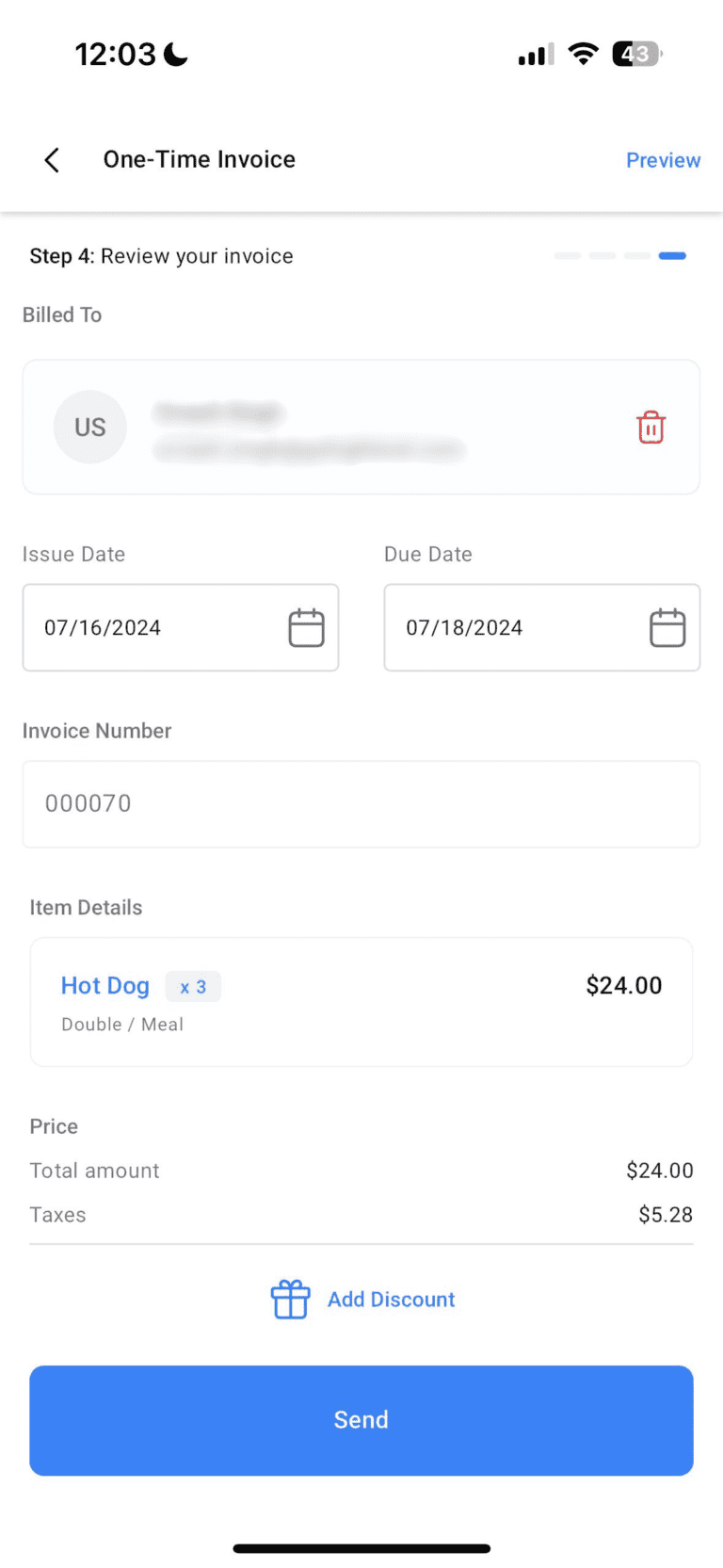 2 Screenshot of mobile invoice interface reviewing items