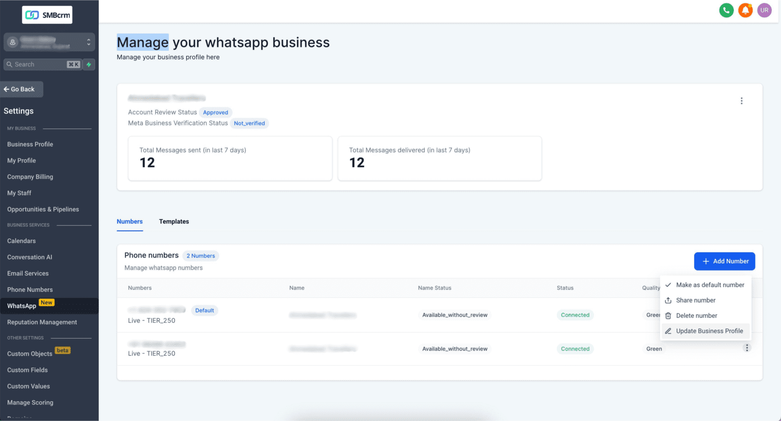 Screenshot of SMBcrm WhatsApp business management interface