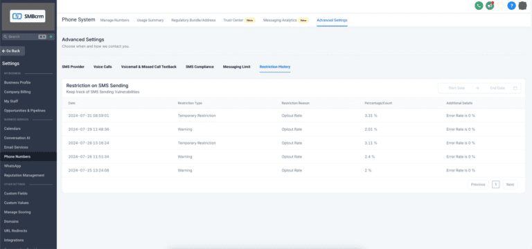 3 Screenshot of SMS restriction settings in SMBcrm system