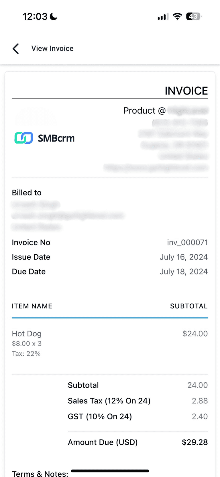 3 Mobile screen showing digital invoice for hot dogs