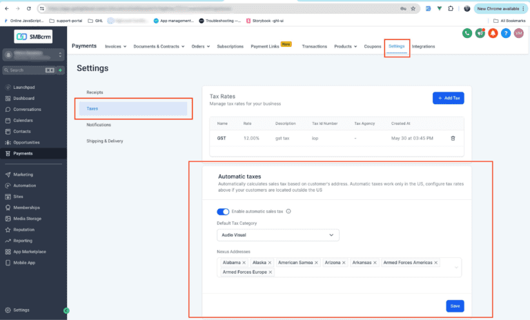 3 Screenshot of SMBcrm settings page focusing on tax management