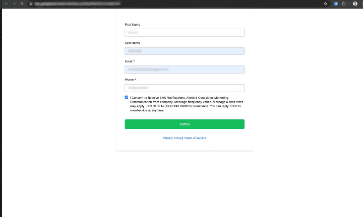 Online form for contact information and marketing consent