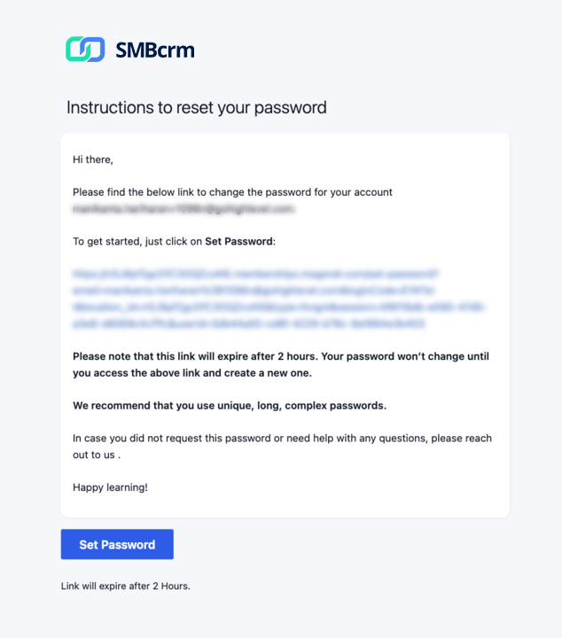 44fb52c532eebffa418eb4484afac259 Email instructing how to reset a SMBcrm account password