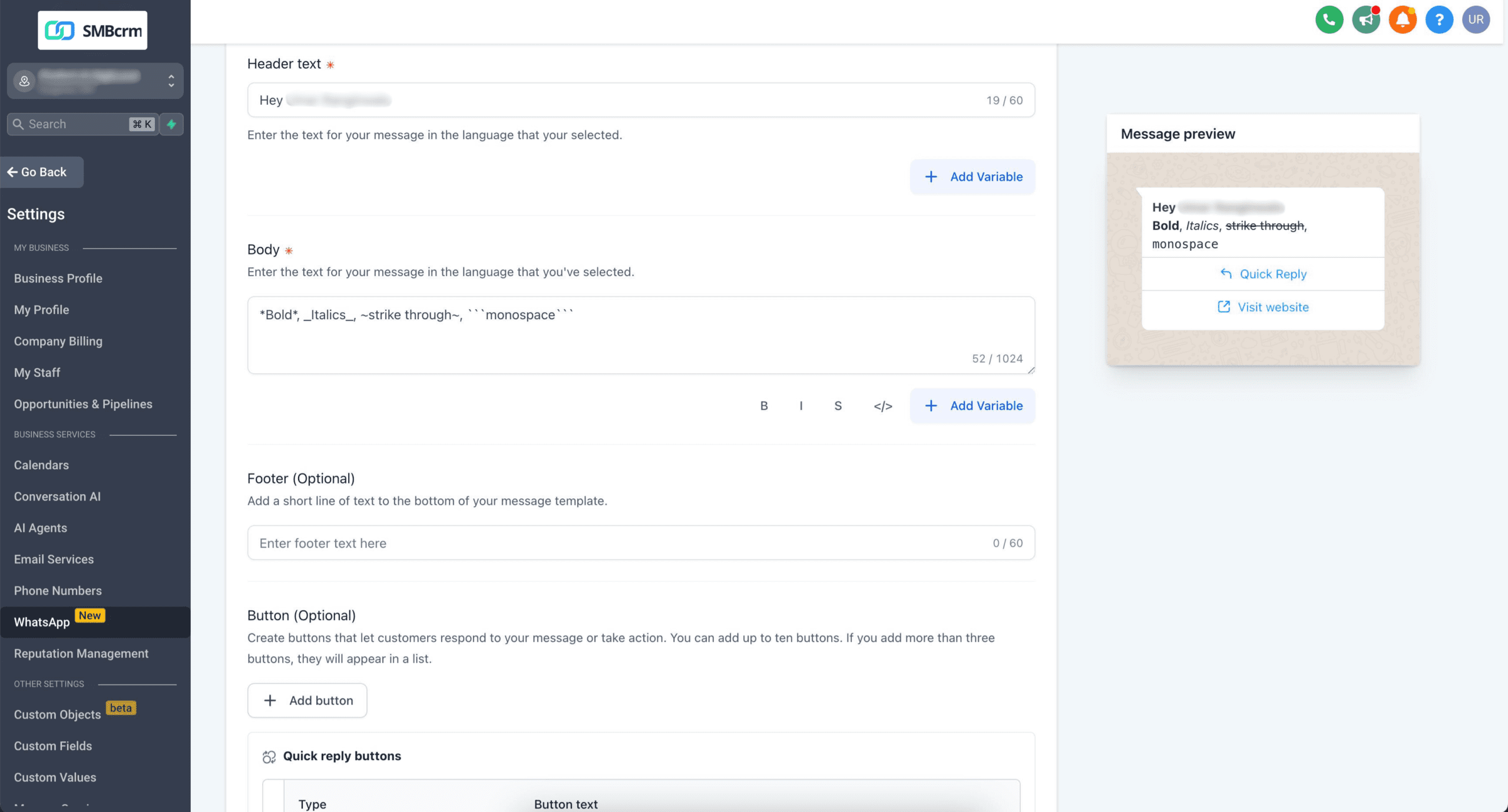 CRM message composition interface with preview panel