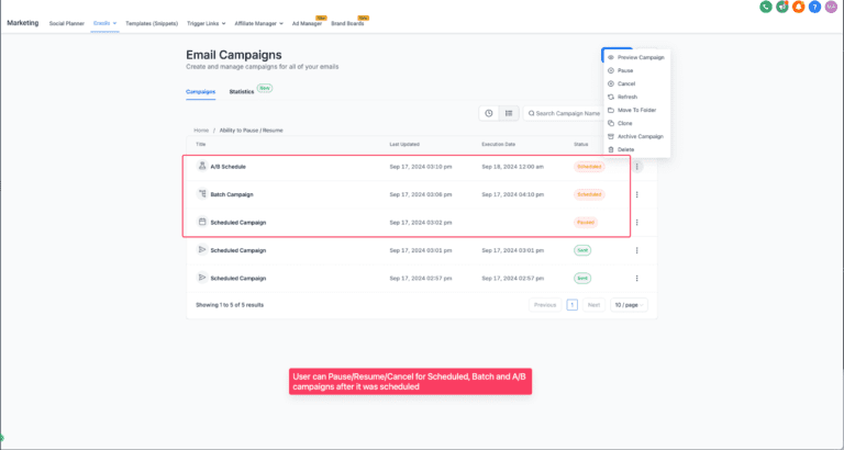 image Screenshot of email campaign management software interface