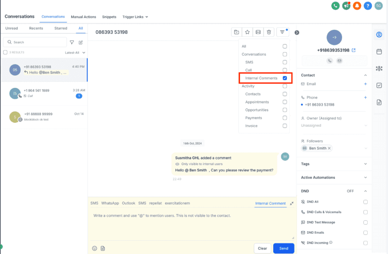 Screenshot of a business communication software interface