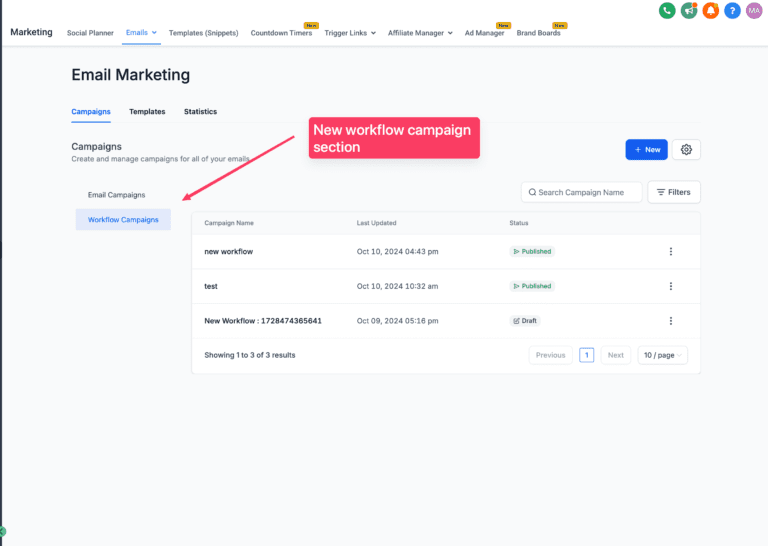 Screenshot of Email Marketing Workflow Campaigns interface