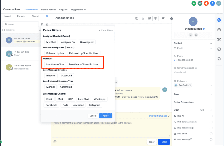 Screenshot of CRM software interface showing conversation filters