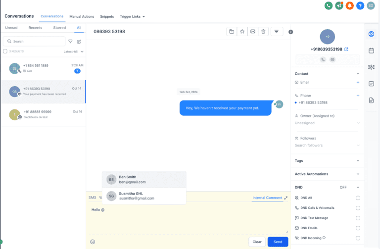 Screenshot of a business communication software interface