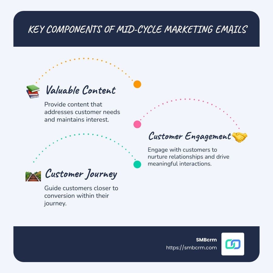 Infographic illustrating key components of mid-cycle marketing emails with icons for content, engagement, and customer journey steps - what is a mid cycle marketing email infographic infographic-line-3-steps-blues-accent_colors