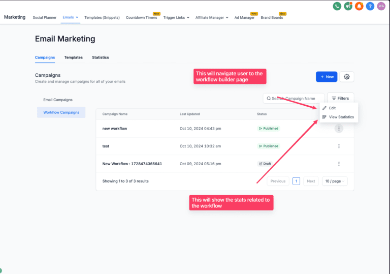 Screenshot of email marketing campaign management interface