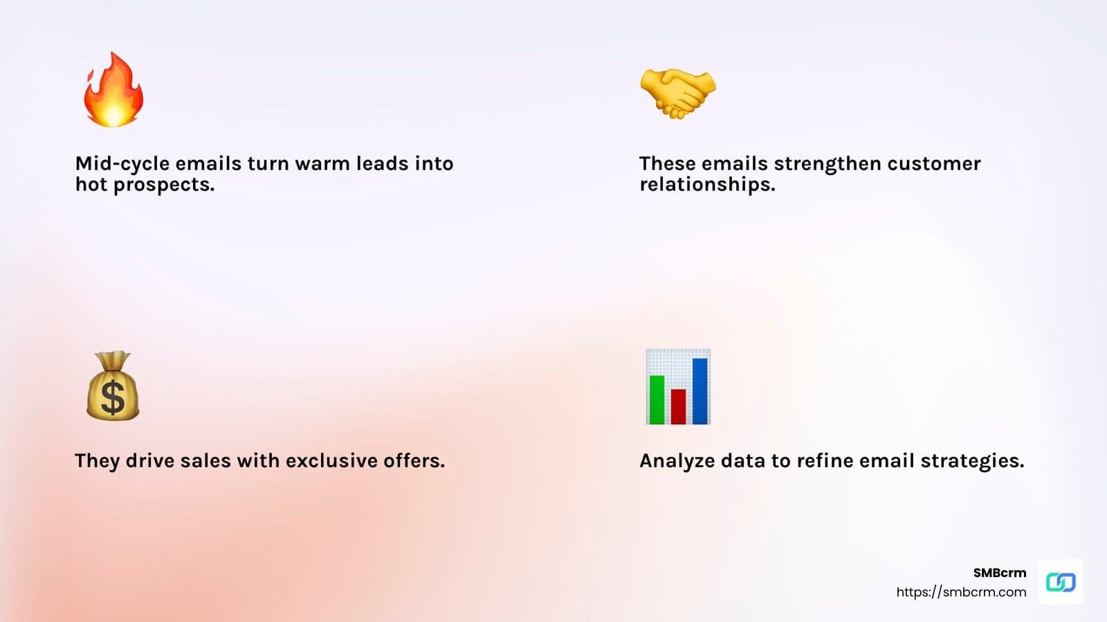 Nurturing leads, building relationships, driving conversions, and gathering insights - what is a mid cycle marketing email infographic 4<em>facts</em>emoji_light-gradient