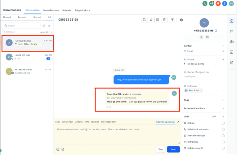 Screenshot of a customer support software interface