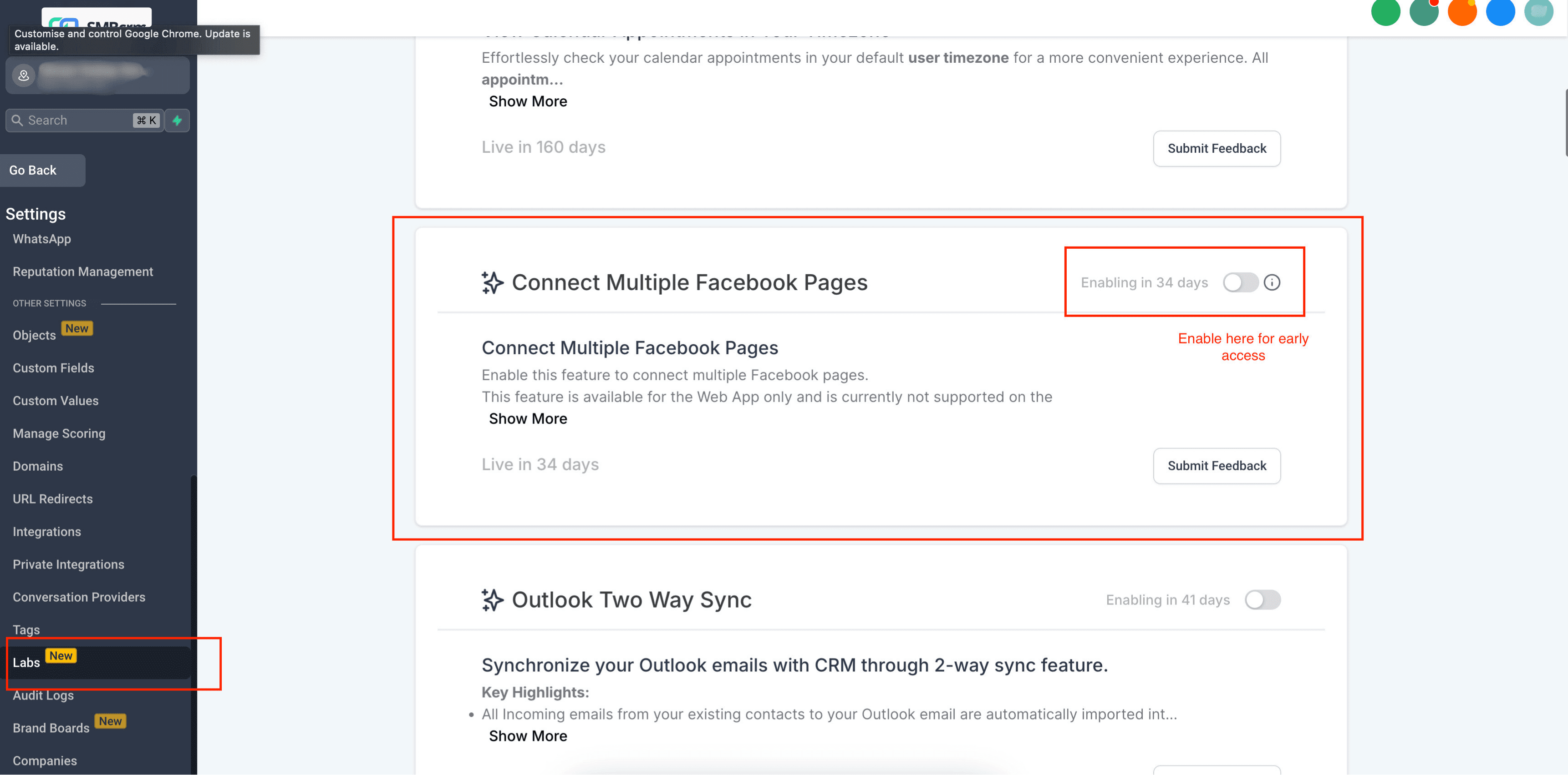 Screenshot of enabling Facebook integration from labs