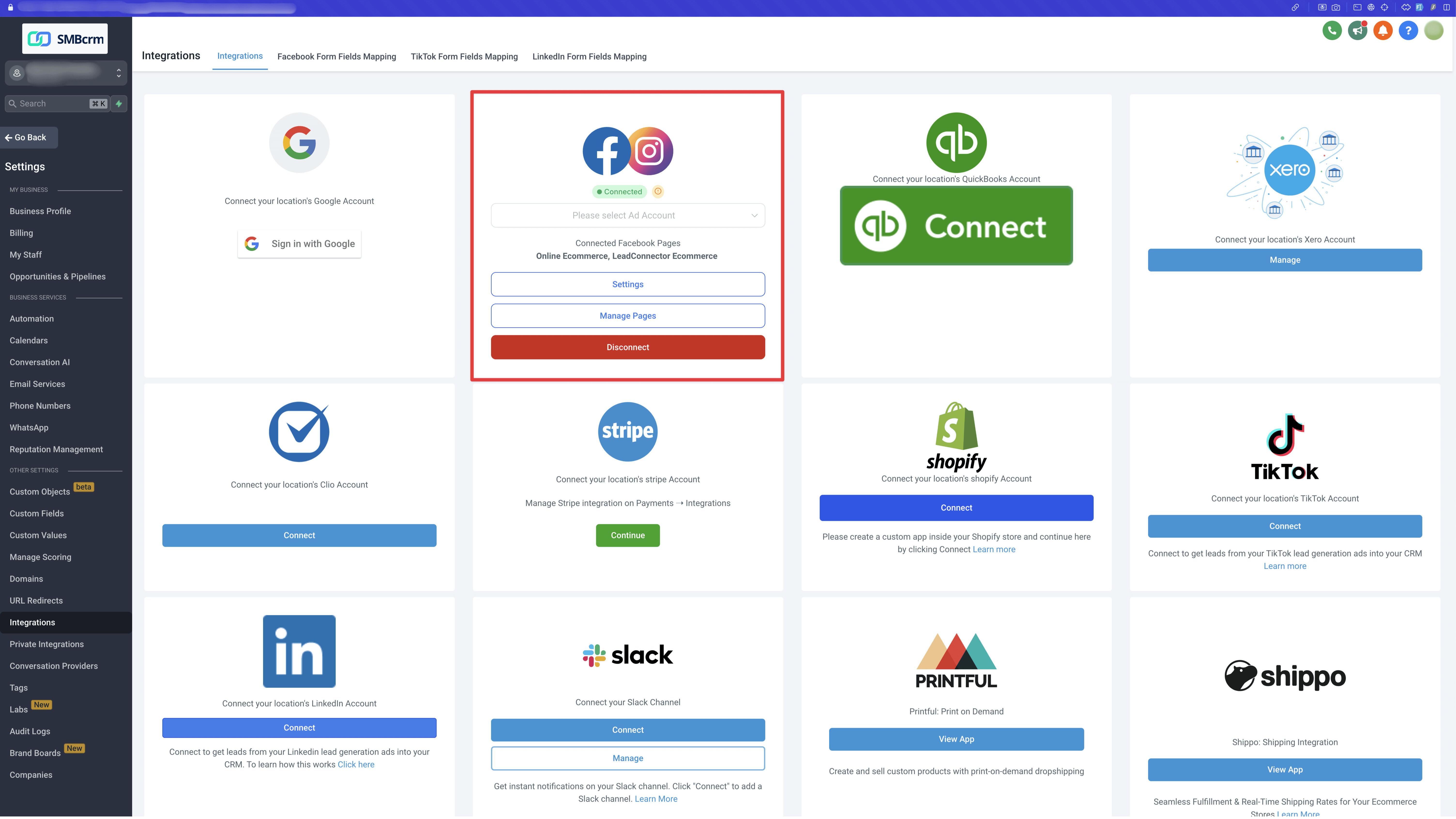 Facebook integration on Integrations page