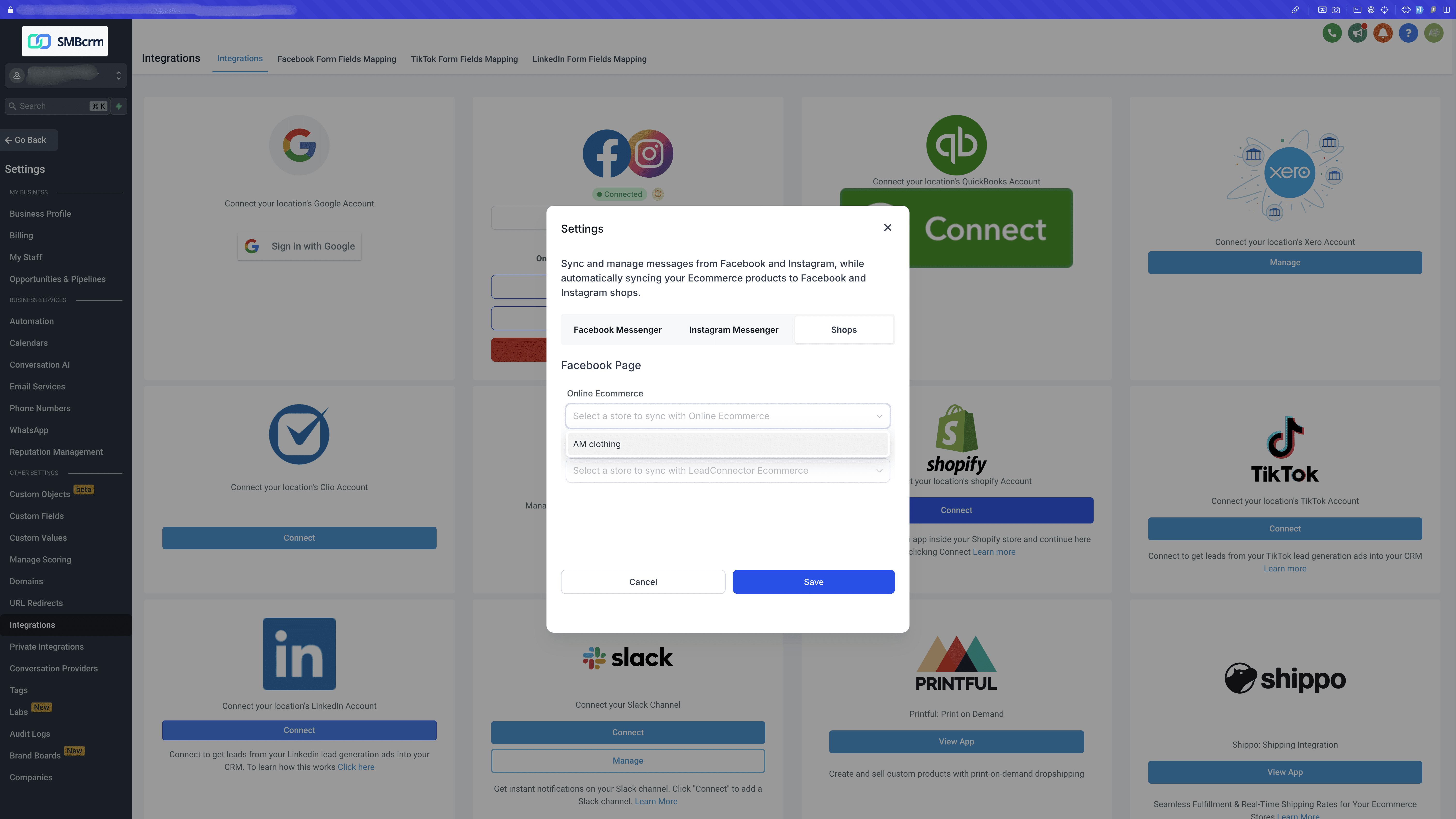 Mapping stores to Facebook pages in Settings > Shops