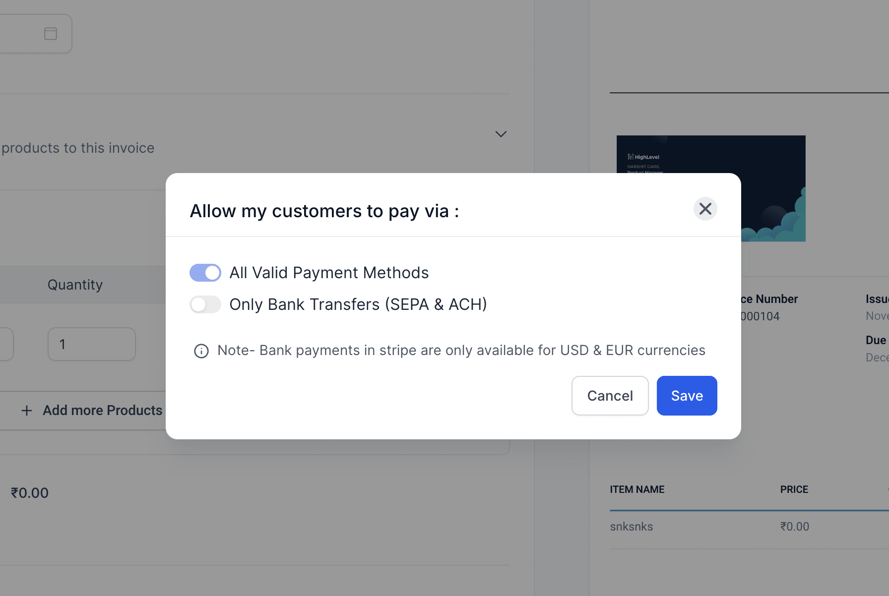 Manage Payment Methods Screenshot