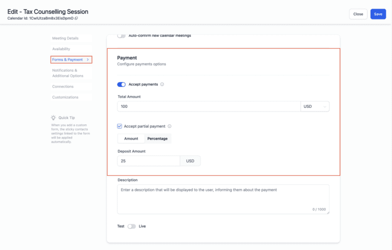 Settings for payment options in tax counselling session editor