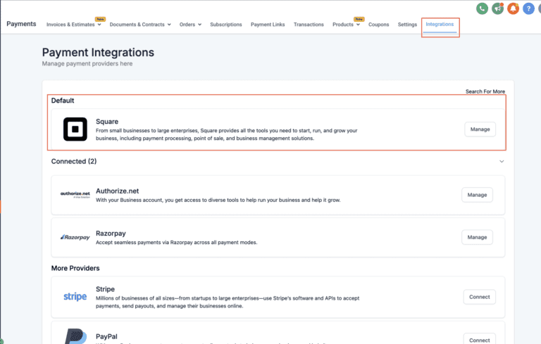 Screenshot of payment integrations management interface