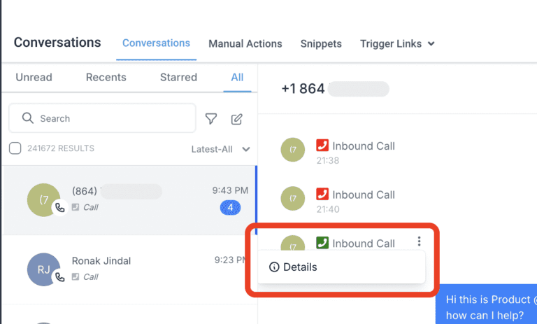 CRM interface showing recent inbound call details