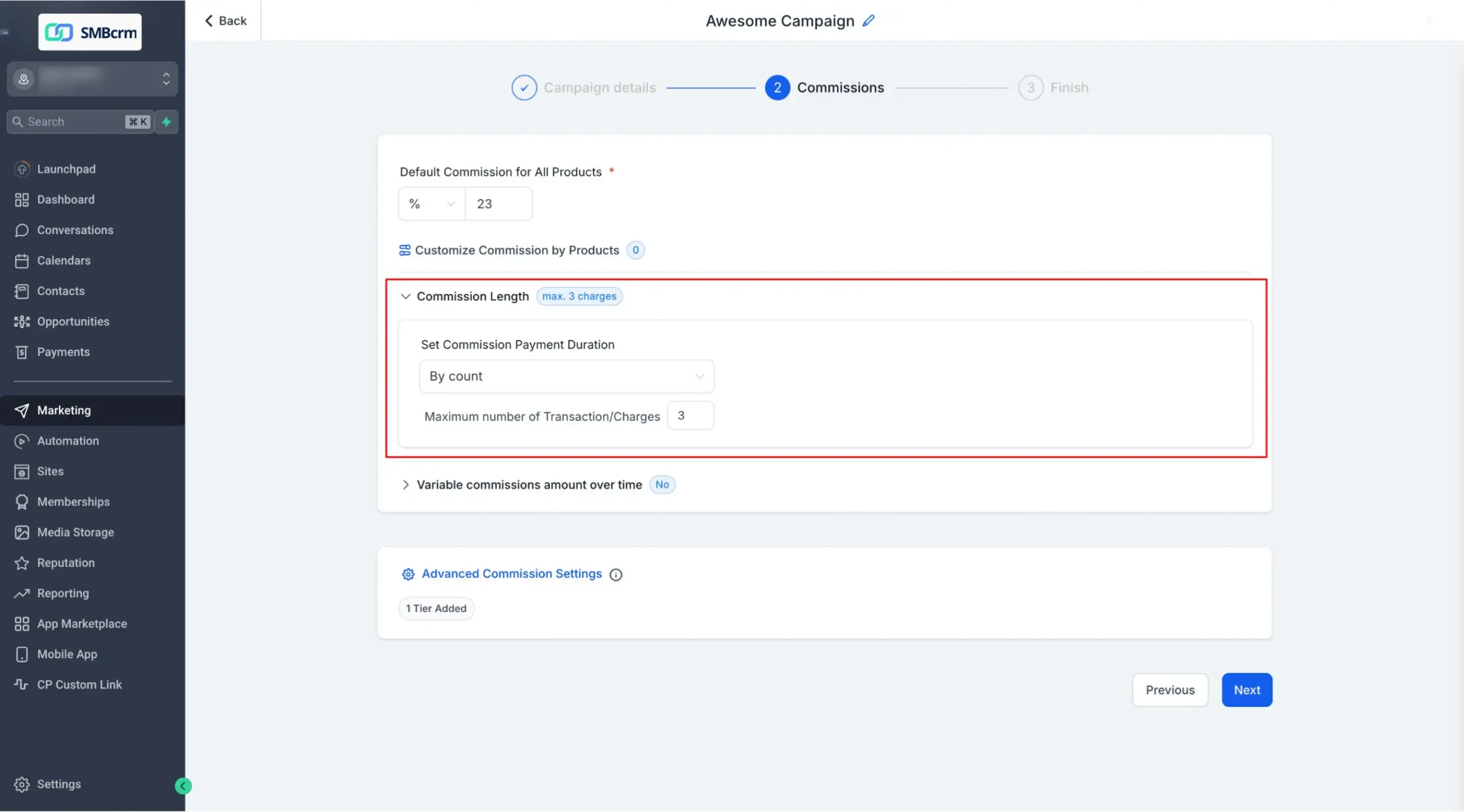 Variable Commission Settings
