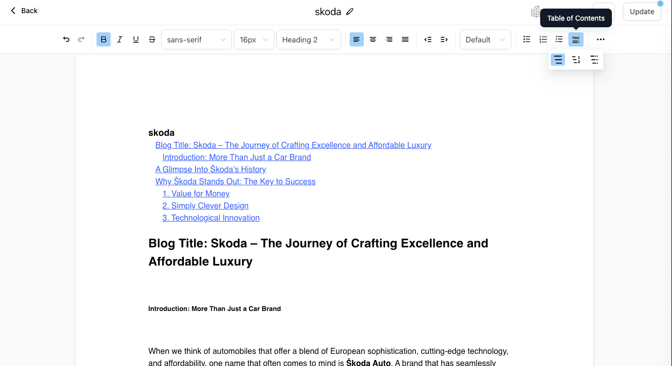 Table of Contents Layout Options