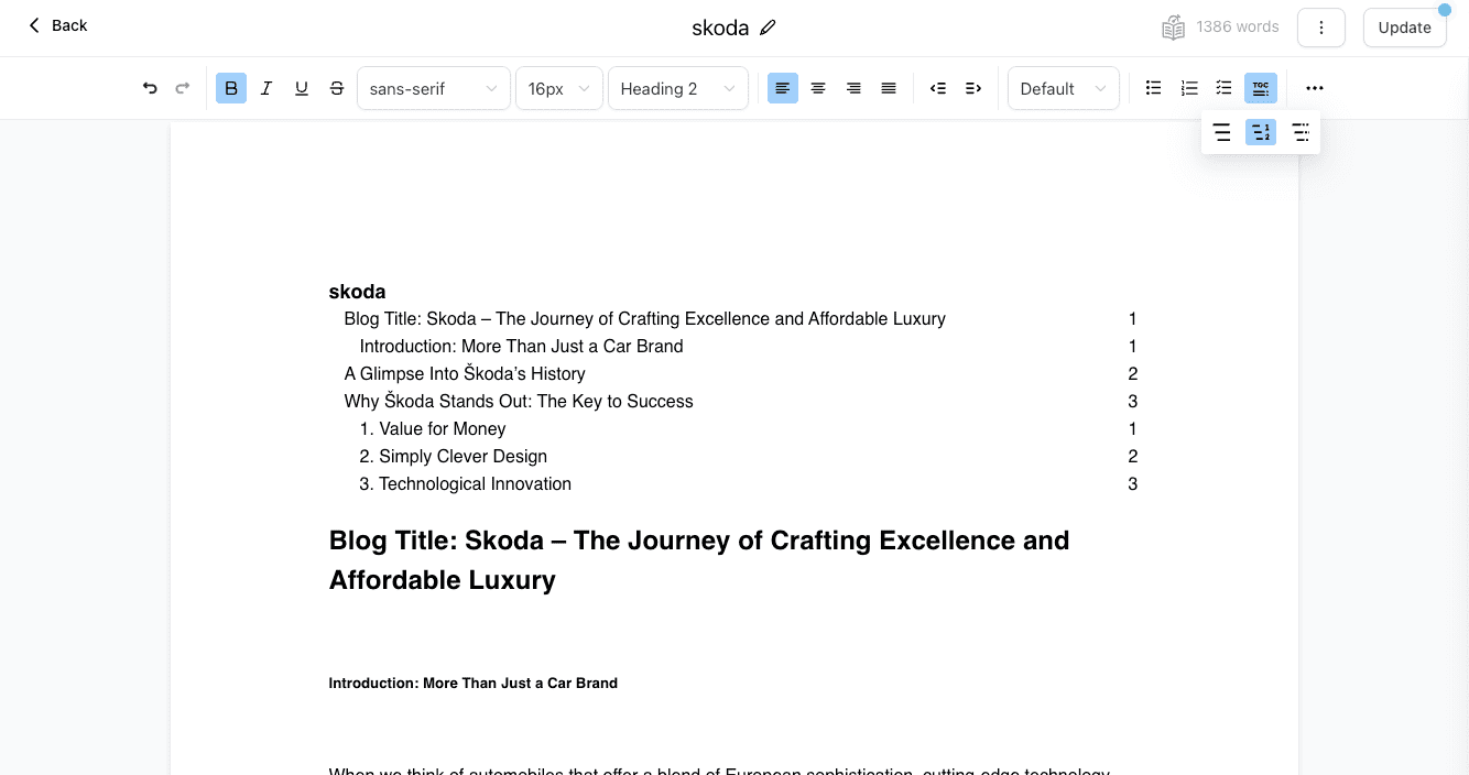 Generated Table of Content