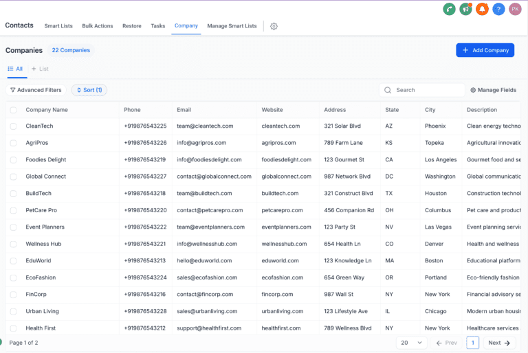 Company Overview Screenshot of a digital contact management database