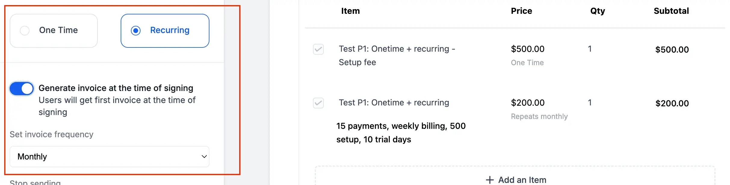 Image of Invoice Timing Option