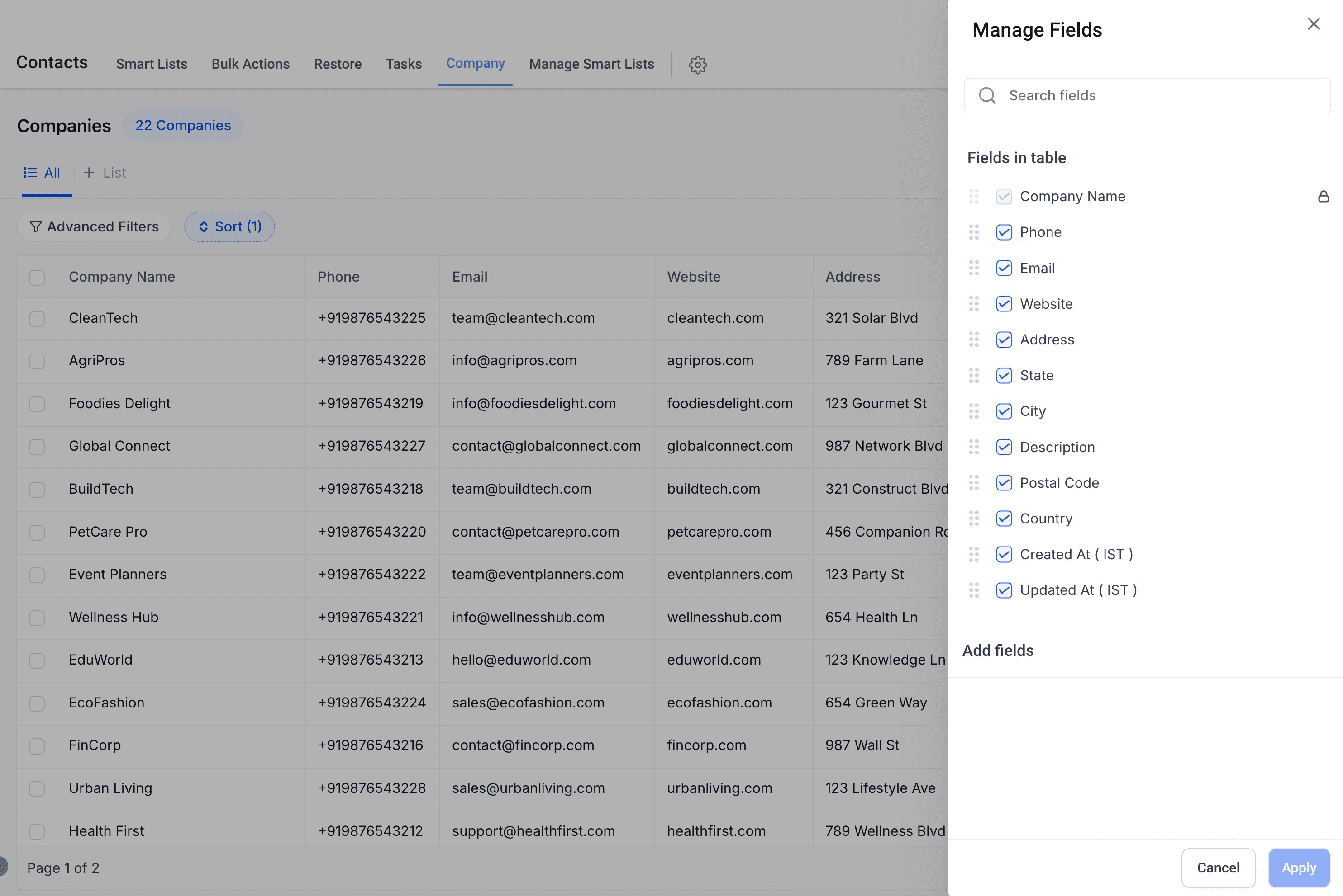 Manage Fields