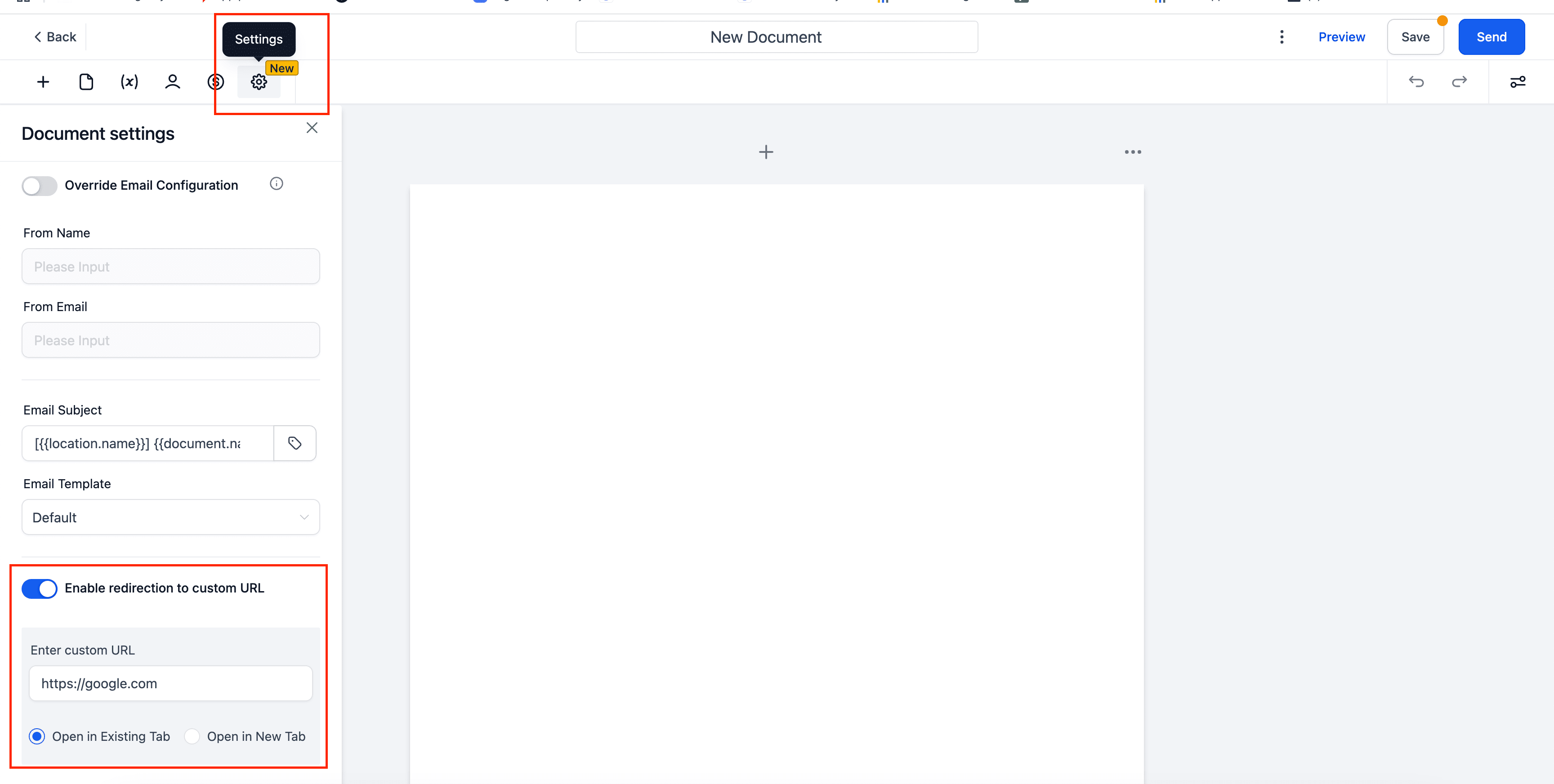 Screenshot of editing document settings