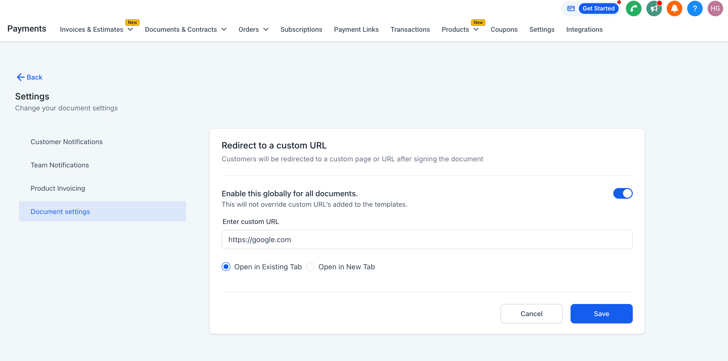 Screenshot after enabling custom URL