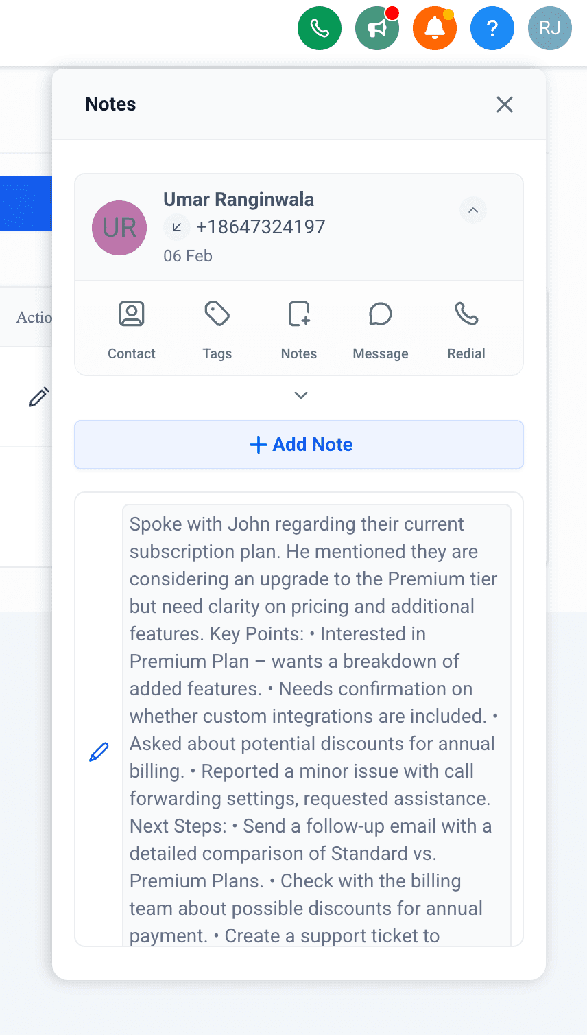 Post-call Notes Screenshot