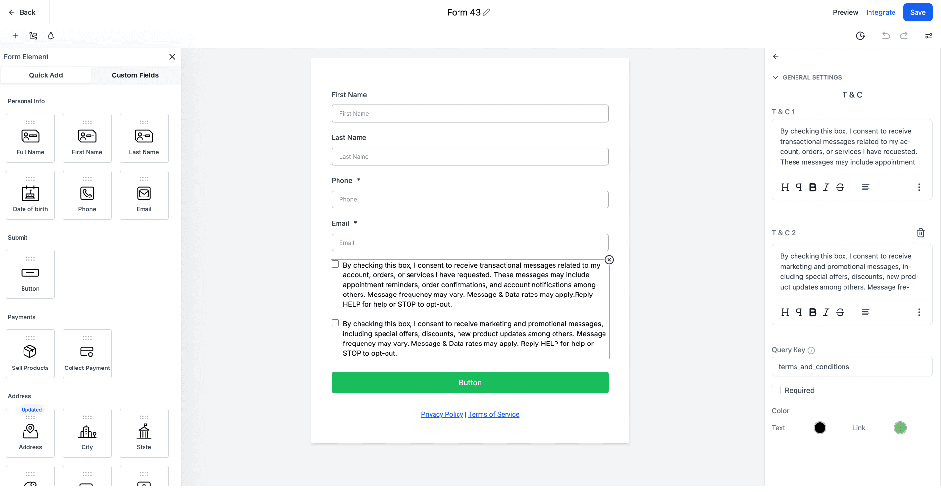 Screenshot of Enhanced T&C Options
