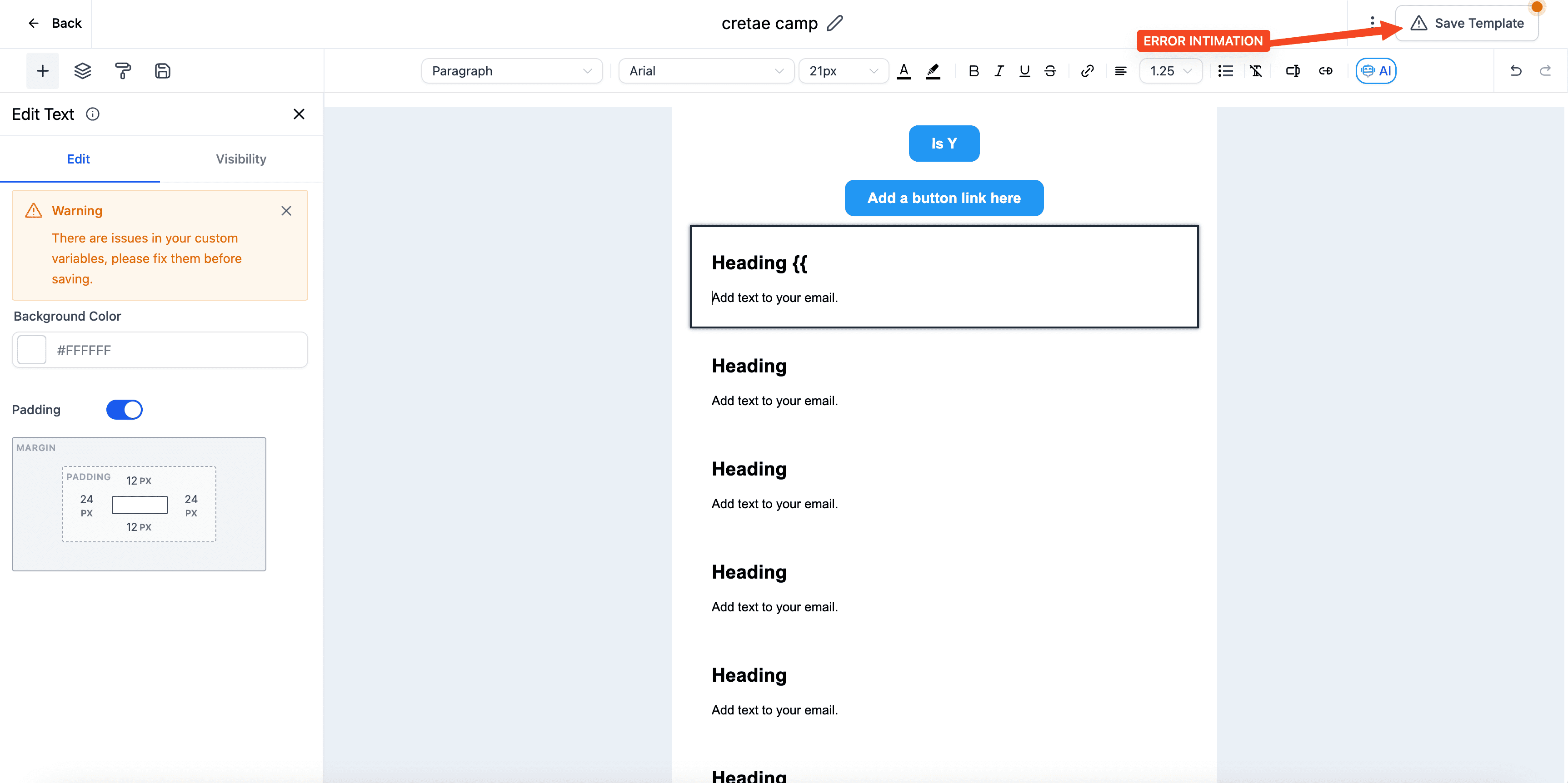 Custom Value Error Warning in Email Templates