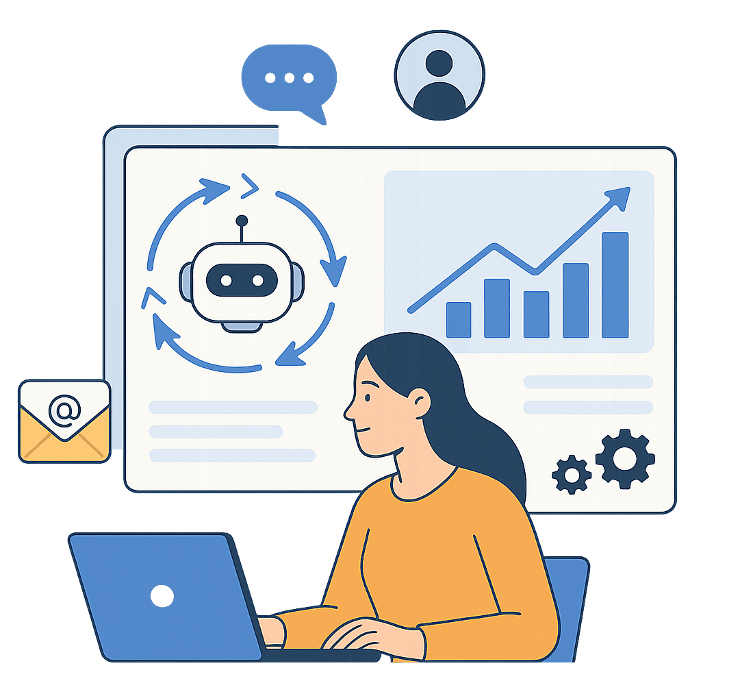 Woman using laptop, learning about chatbot technology