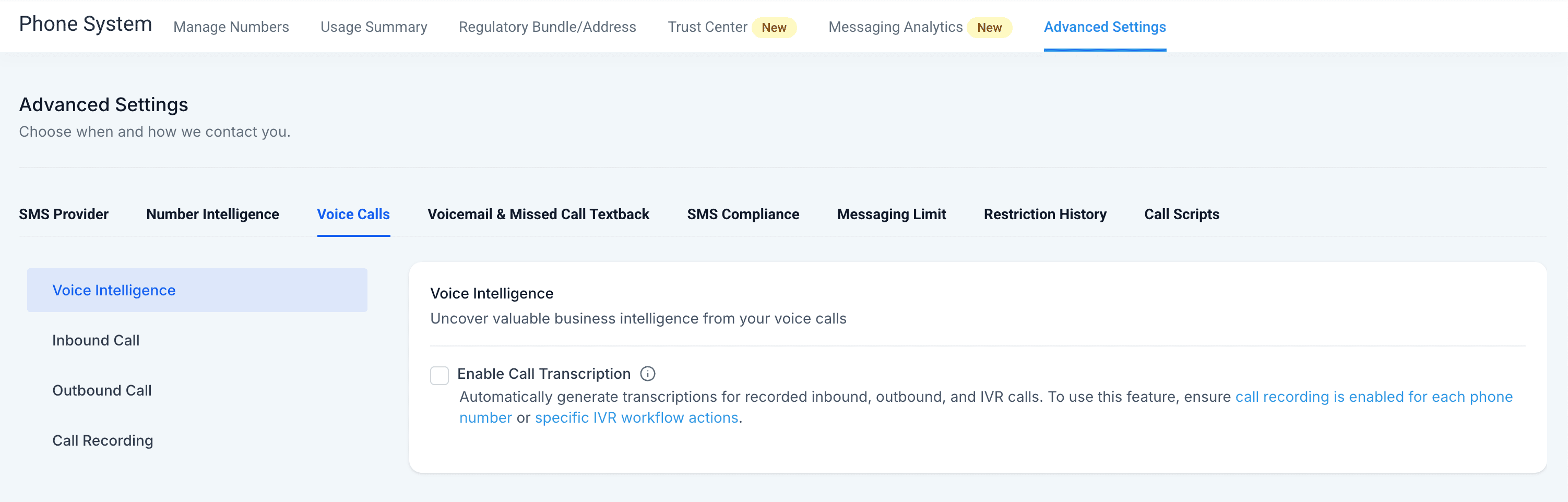Image of the new transcription setting