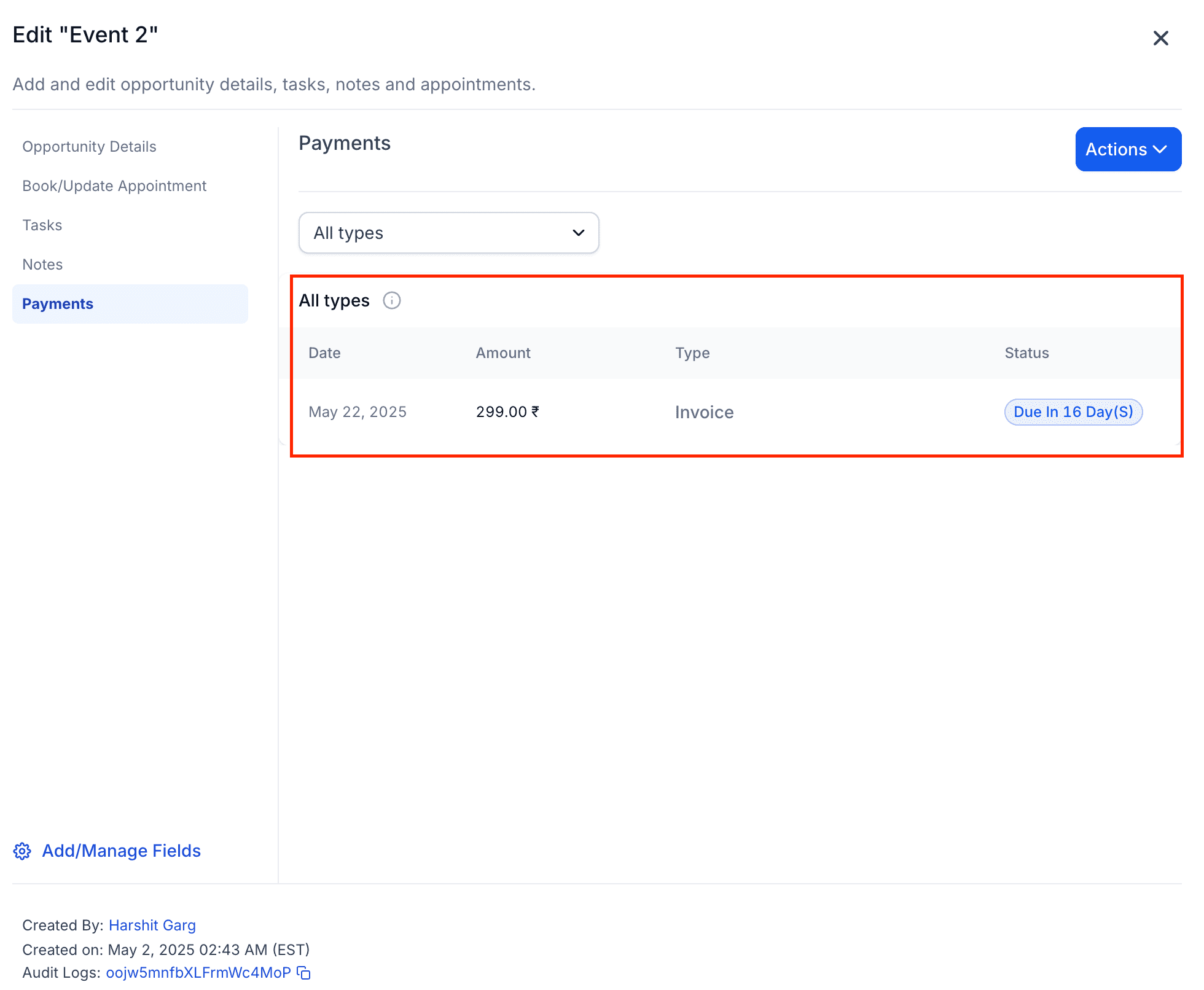 Screenshot of Payments Tab