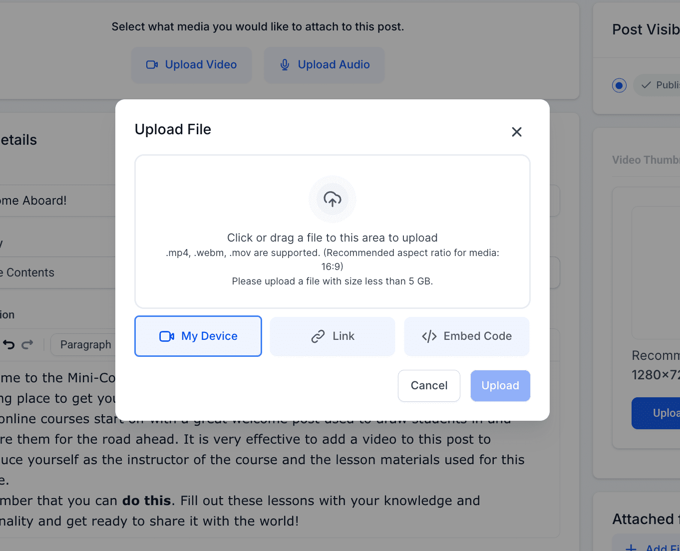 Screenshot of Embed Media Functionality