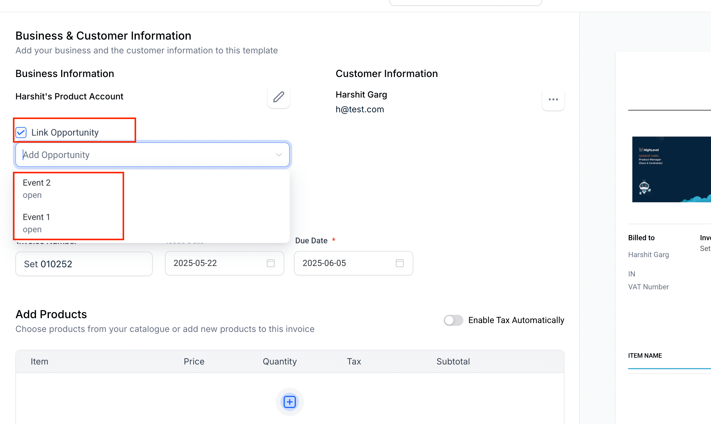 Create Invoice from Dropdown