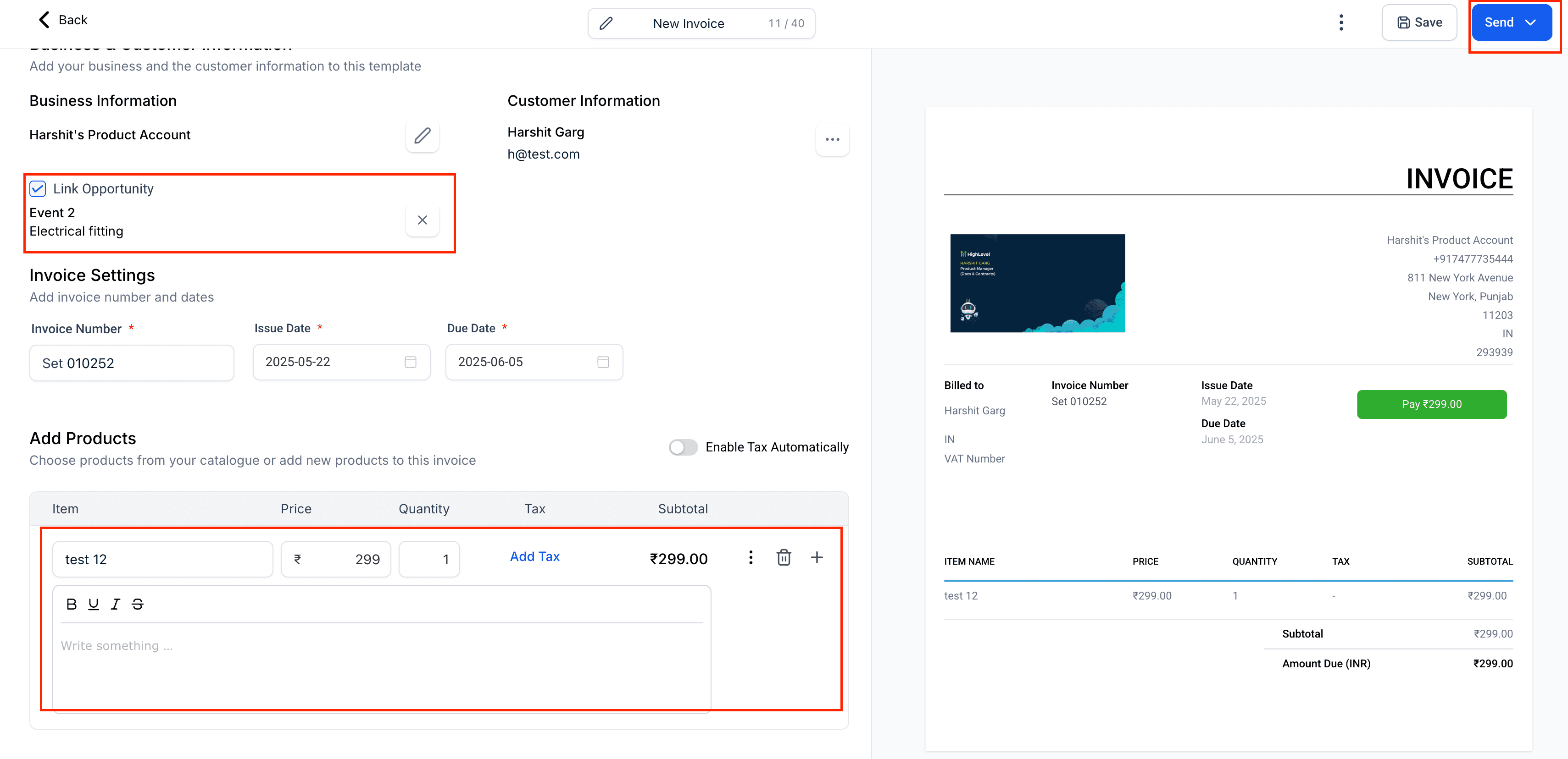 Screenshot of Linked Invoice