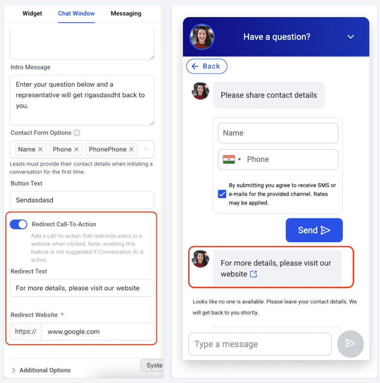 Screenshot of Redirect CTA with Custom Message and Link in Chat