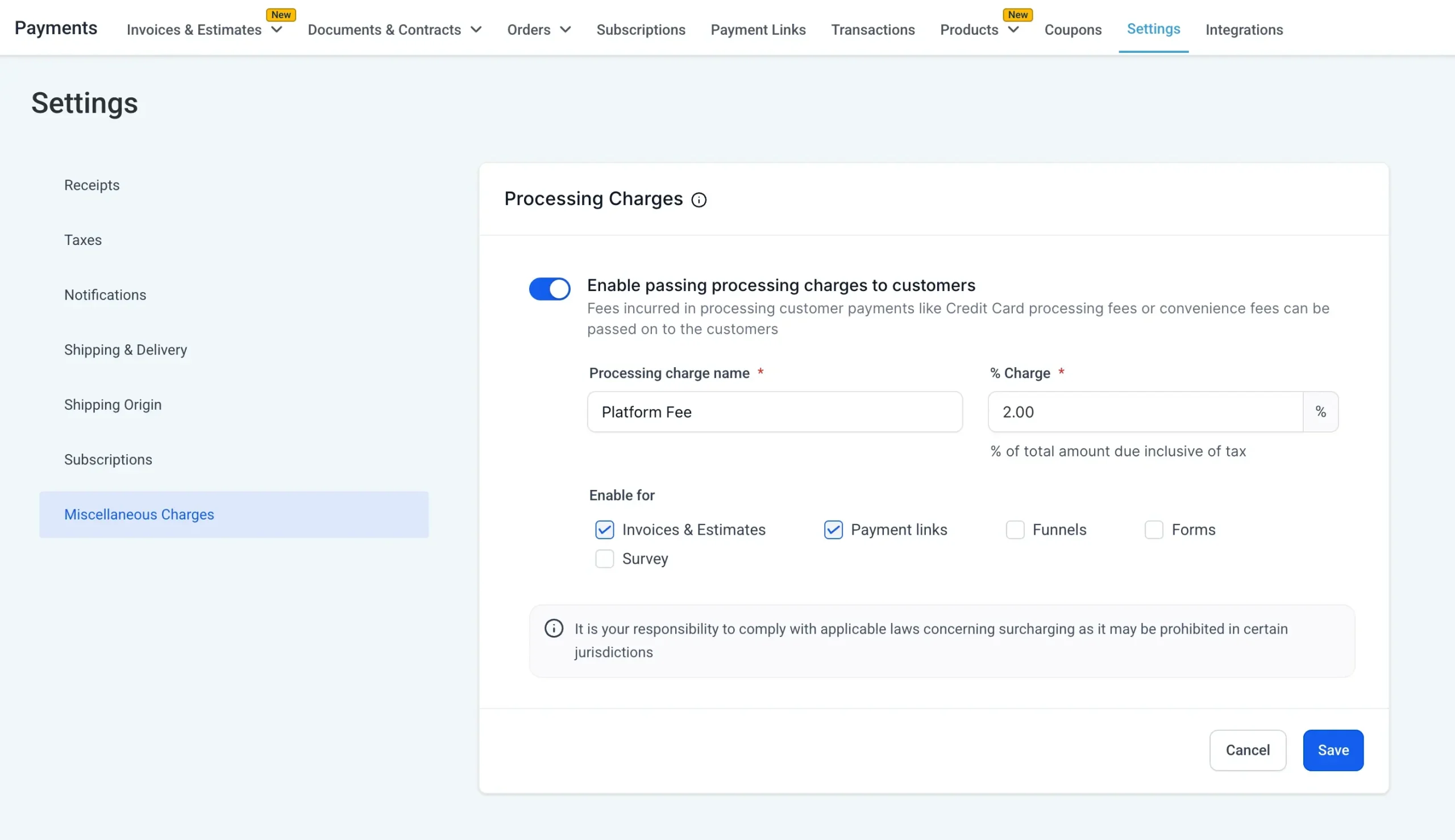 Processing Charges Example 2