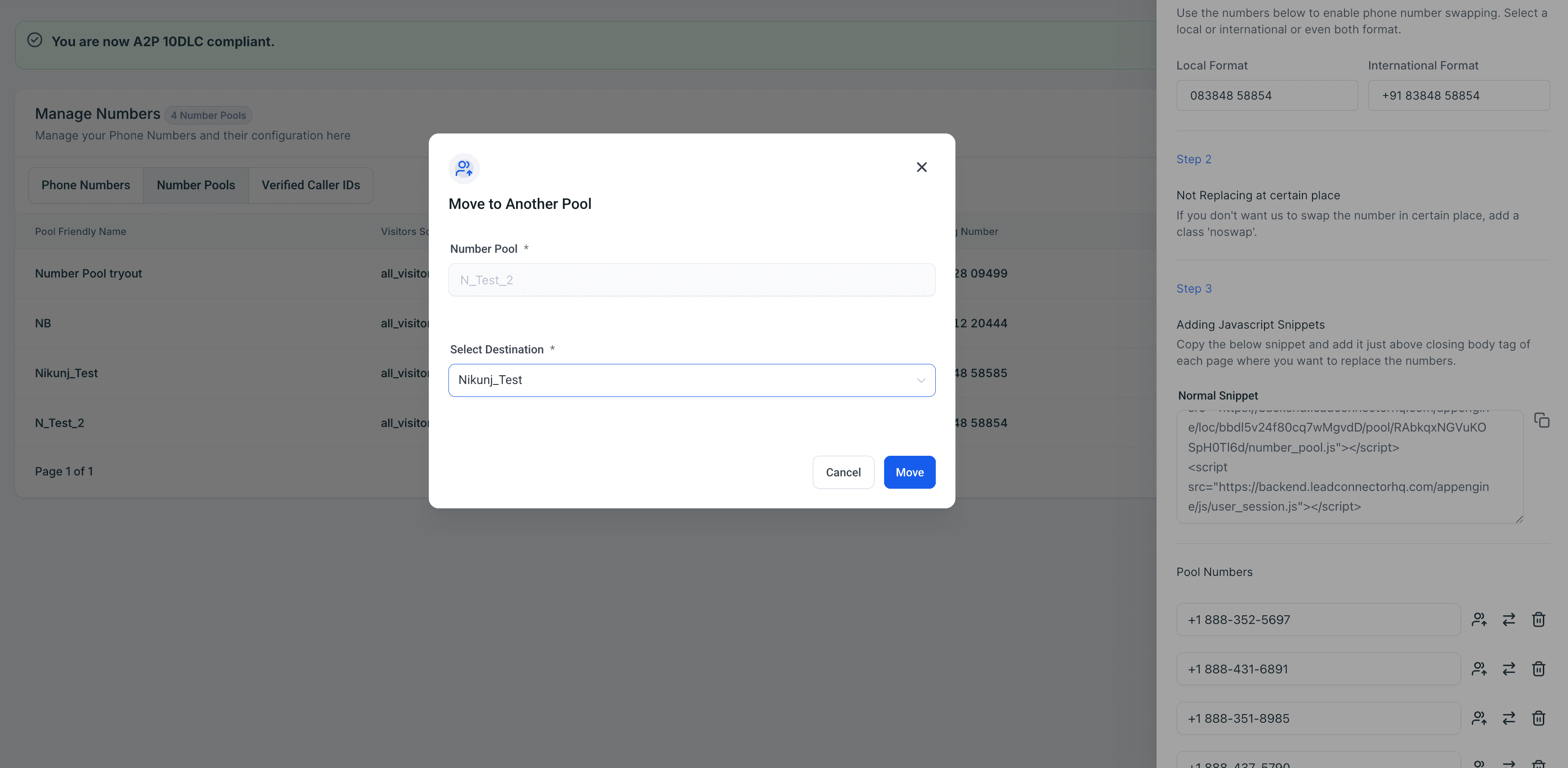 Move a Number to Another Pool via Modal