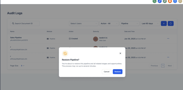 Confirm Restoration of Pipeline Screenshot of Audit Logs interface with Restore Pipeline prompt