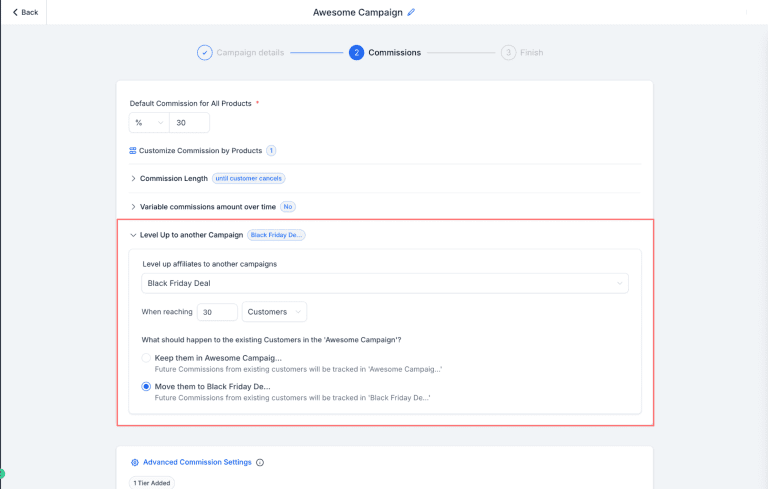 Screenshot of commission settings in marketing campaign
